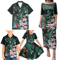 Hawaii Hummingbird Tropical Flowers Family Matching Puletasi and Hawaiian Shirt Dark Green