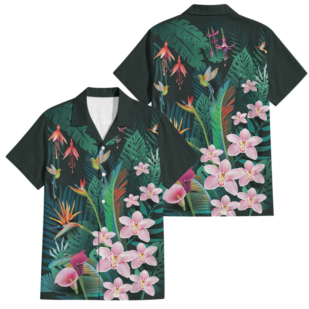 Hawaii Hummingbird Tropical Flowers Family Matching Puletasi and Hawaiian Shirt Dark Green