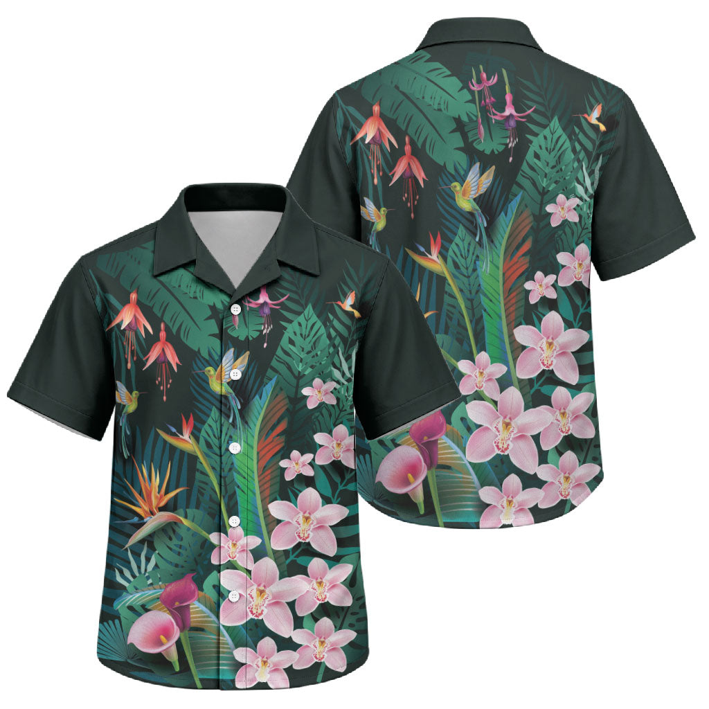 Hawaii Hummingbird Tropical Flowers Family Matching Puletasi and Hawaiian Shirt Dark Green