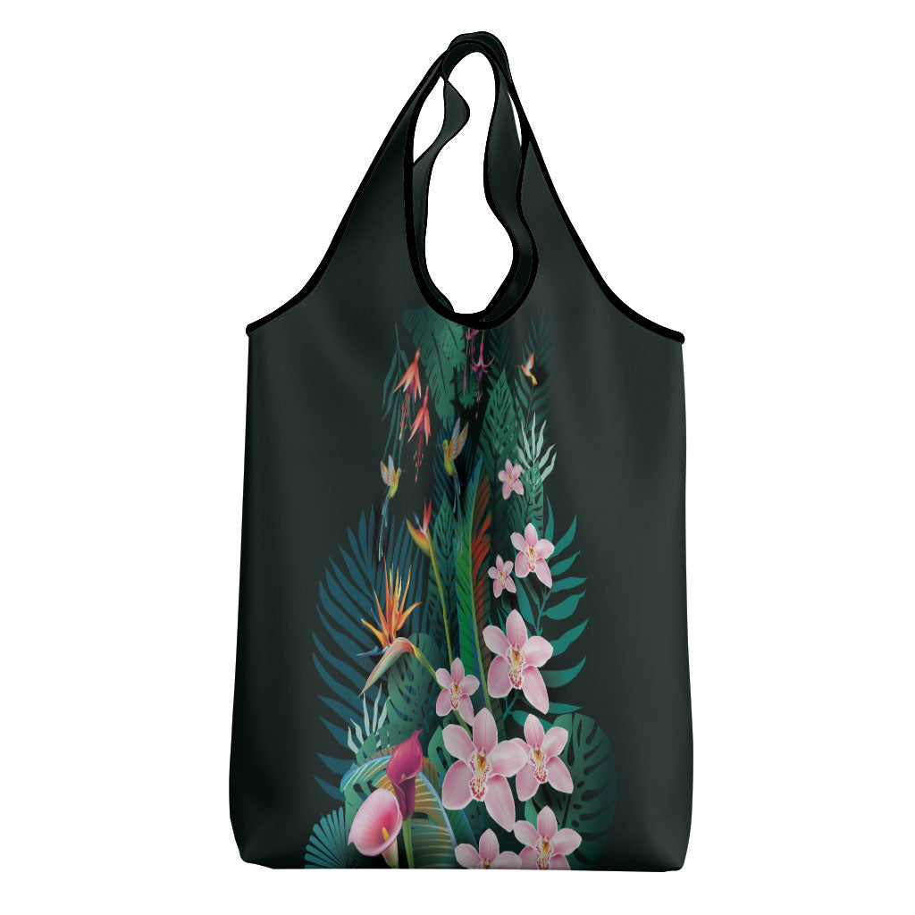 Hawaii Hummingbird Tropical Flowers Grocery Bag Dark Green