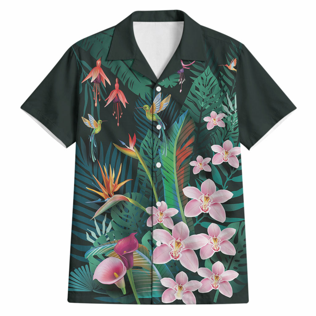 Hawaii Hummingbird Tropical Flowers Hawaiian Shirt Dark Green