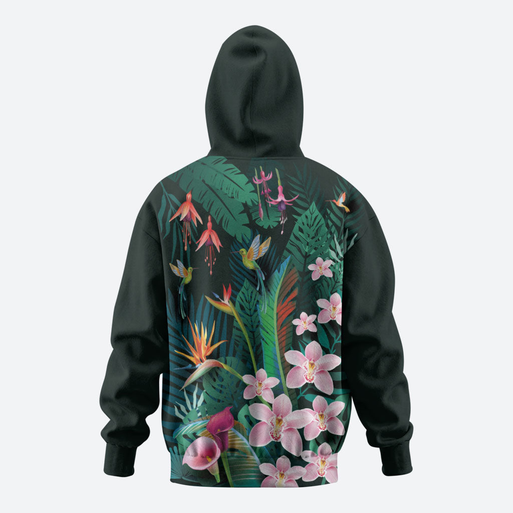 Hawaii Hummingbird Tropical Flowers Hoodie Dark Green