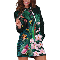 Hawaii Hummingbird Tropical Flowers Hoodie Dress Dark Green