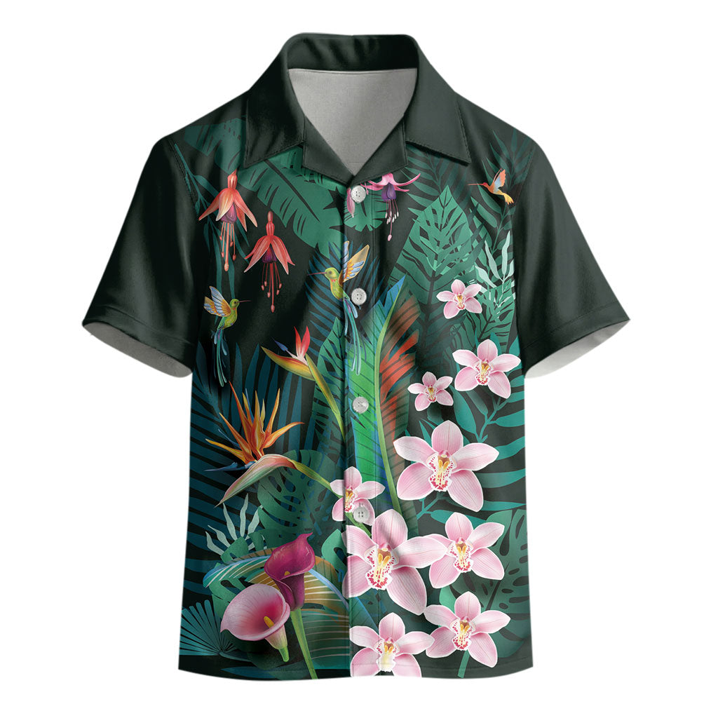 Hawaii Hummingbird Tropical Flowers Kid Hawaiian Shirt Dark Green