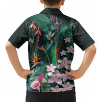 Hawaii Hummingbird Tropical Flowers Kid Hawaiian Shirt Dark Green