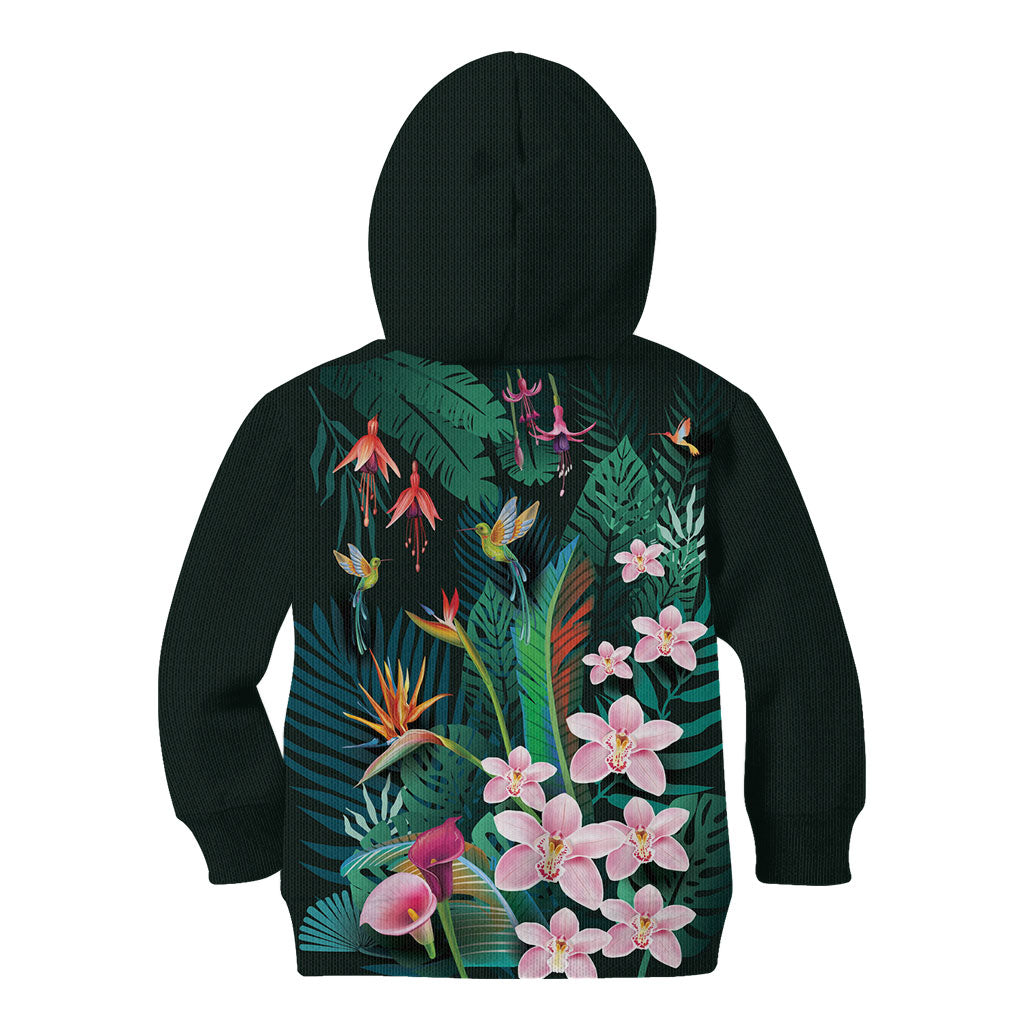 Hawaii Hummingbird Tropical Flowers Kid Hoodie Dark Green