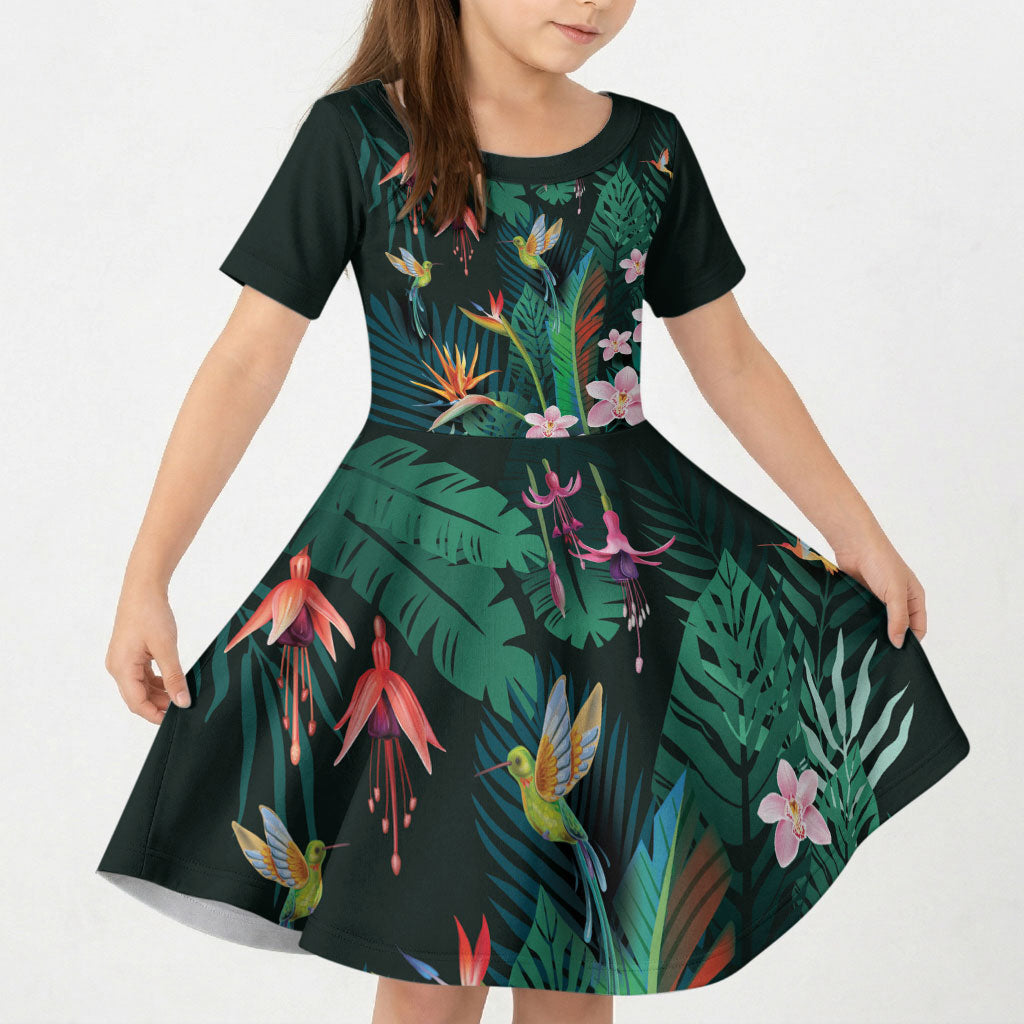 Hawaii Hummingbird Tropical Flowers Kid Short Sleeve Dress Dark Green