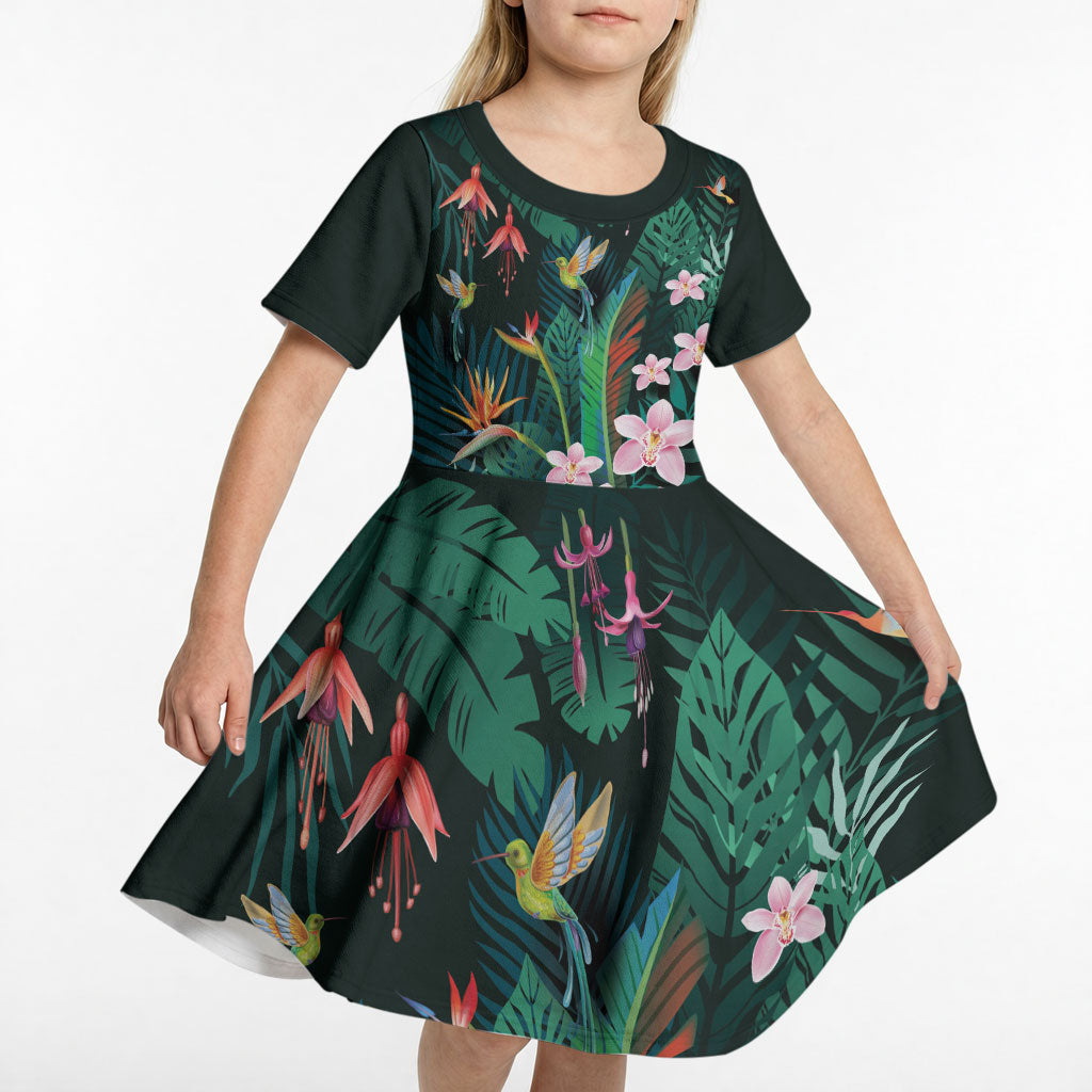 Hawaii Hummingbird Tropical Flowers Kid Short Sleeve Dress Dark Green