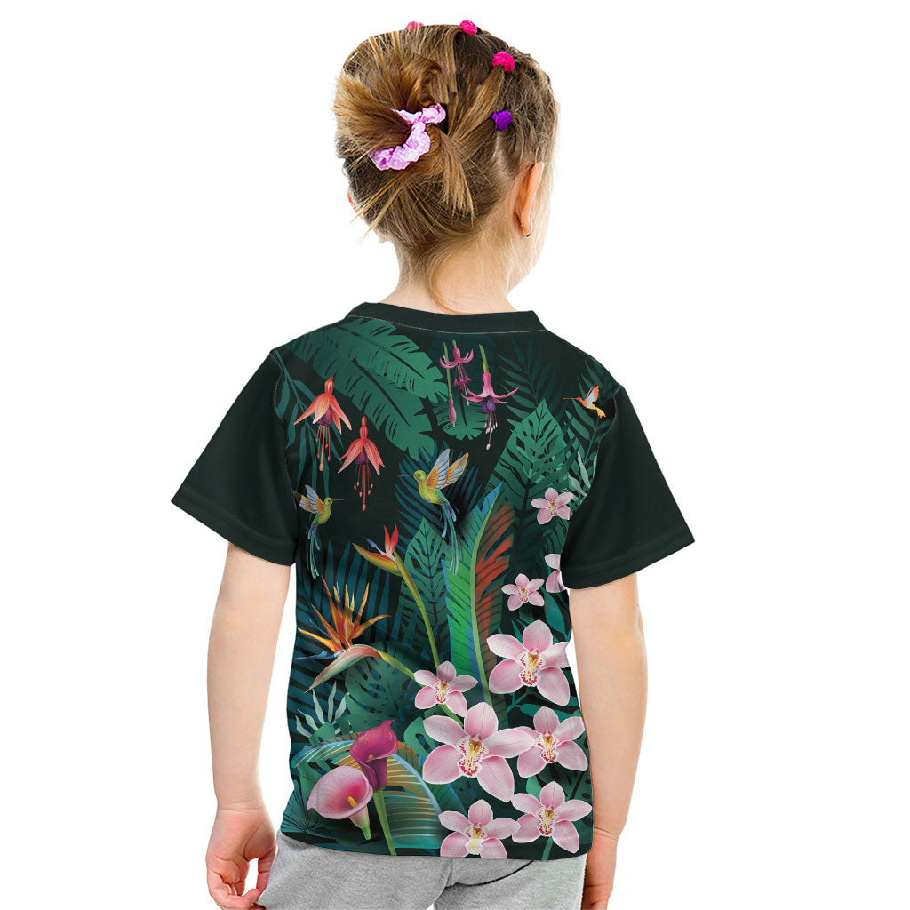 Hawaii Hummingbird Tropical Flowers Kid T Shirt Dark Green