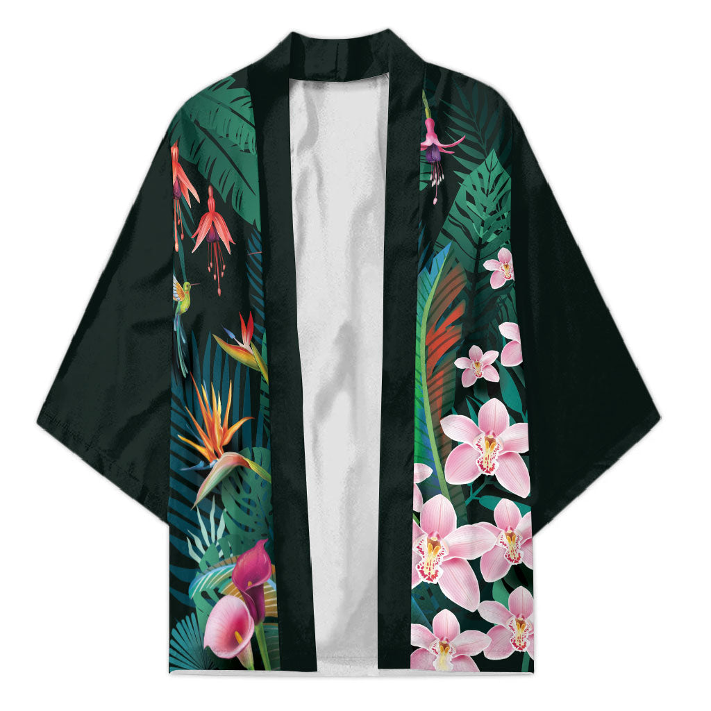 Hawaii Hummingbird Tropical Flowers Kimono Dark Green
