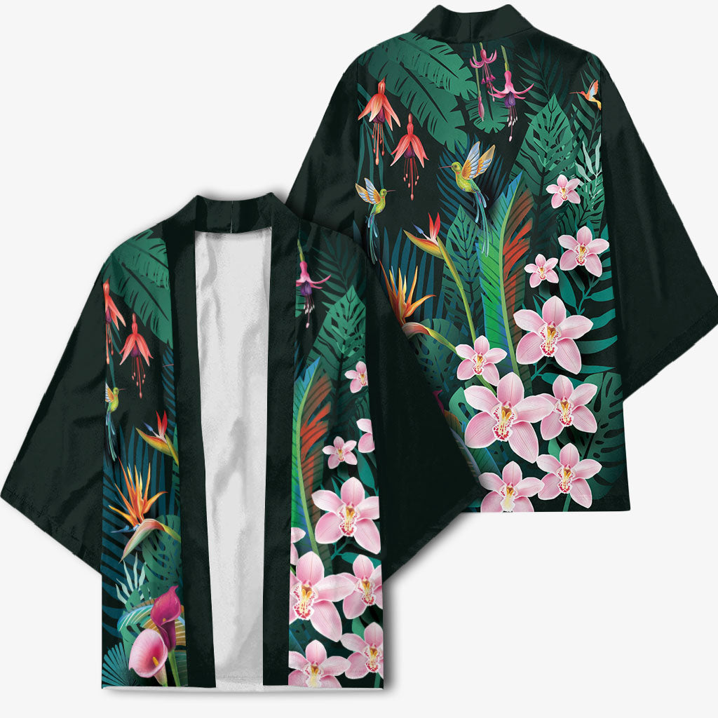 Hawaii Hummingbird Tropical Flowers Kimono Dark Green