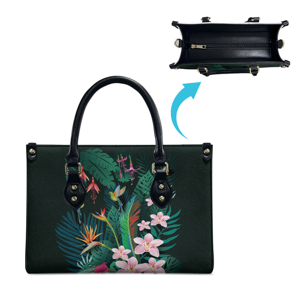 Hawaii Hummingbird Tropical Flowers Leather Bag Dark Green