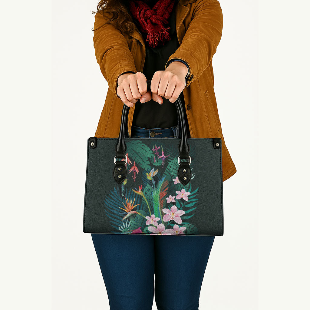 Hawaii Hummingbird Tropical Flowers Leather Bag Dark Green