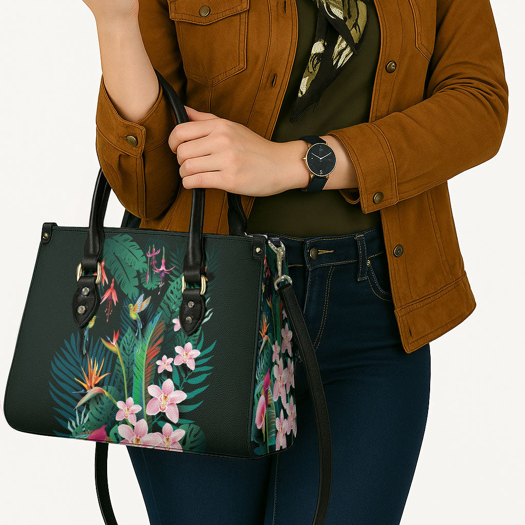 Hawaii Hummingbird Tropical Flowers Leather Bag Dark Green