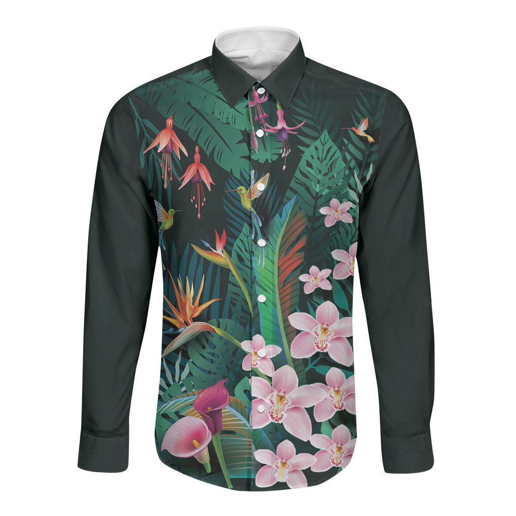 Hawaii Hummingbird Tropical Flowers Long Sleeve Button Shirt Dark Green