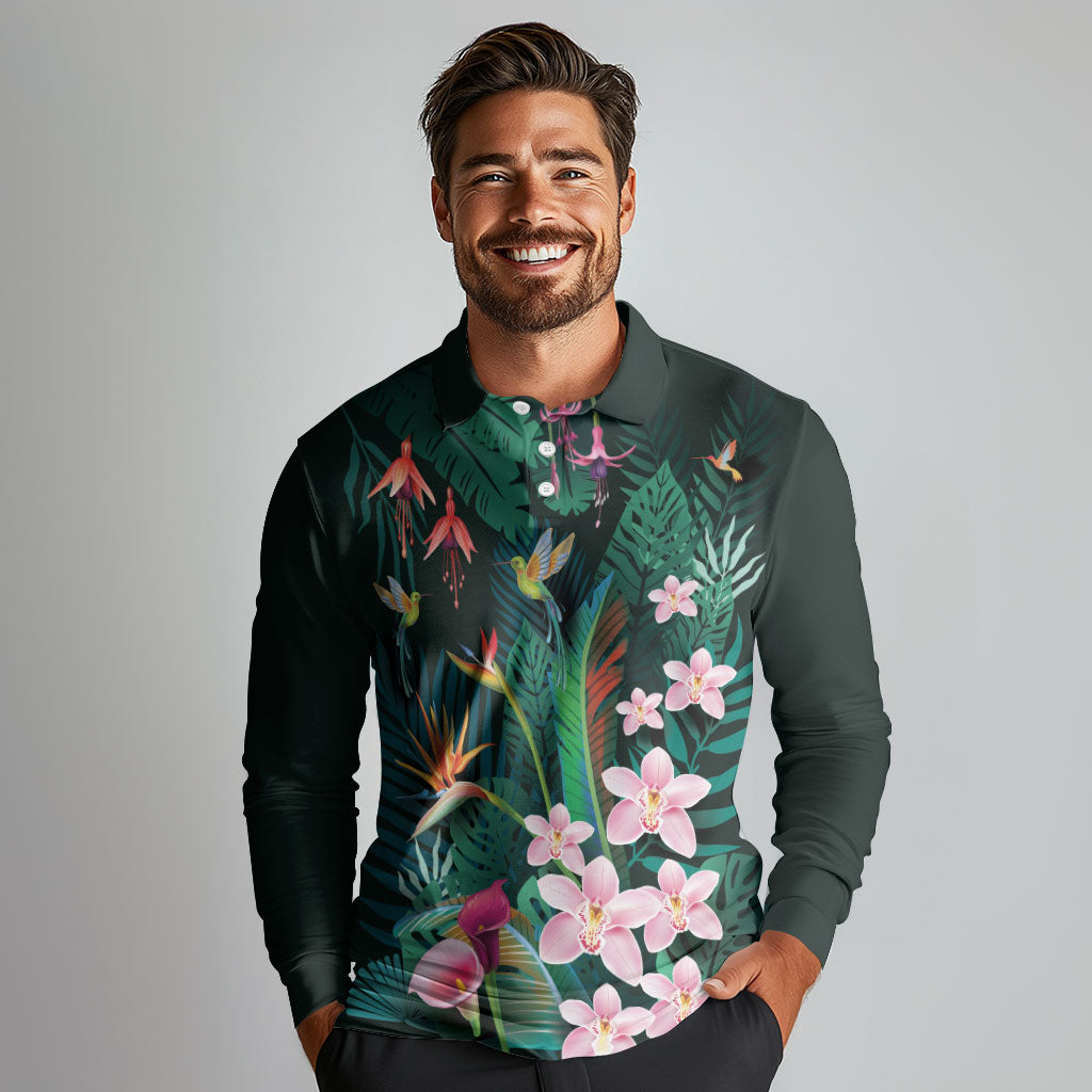 Hawaii Hummingbird Tropical Flowers Long Sleeve Polo Shirt Dark Green