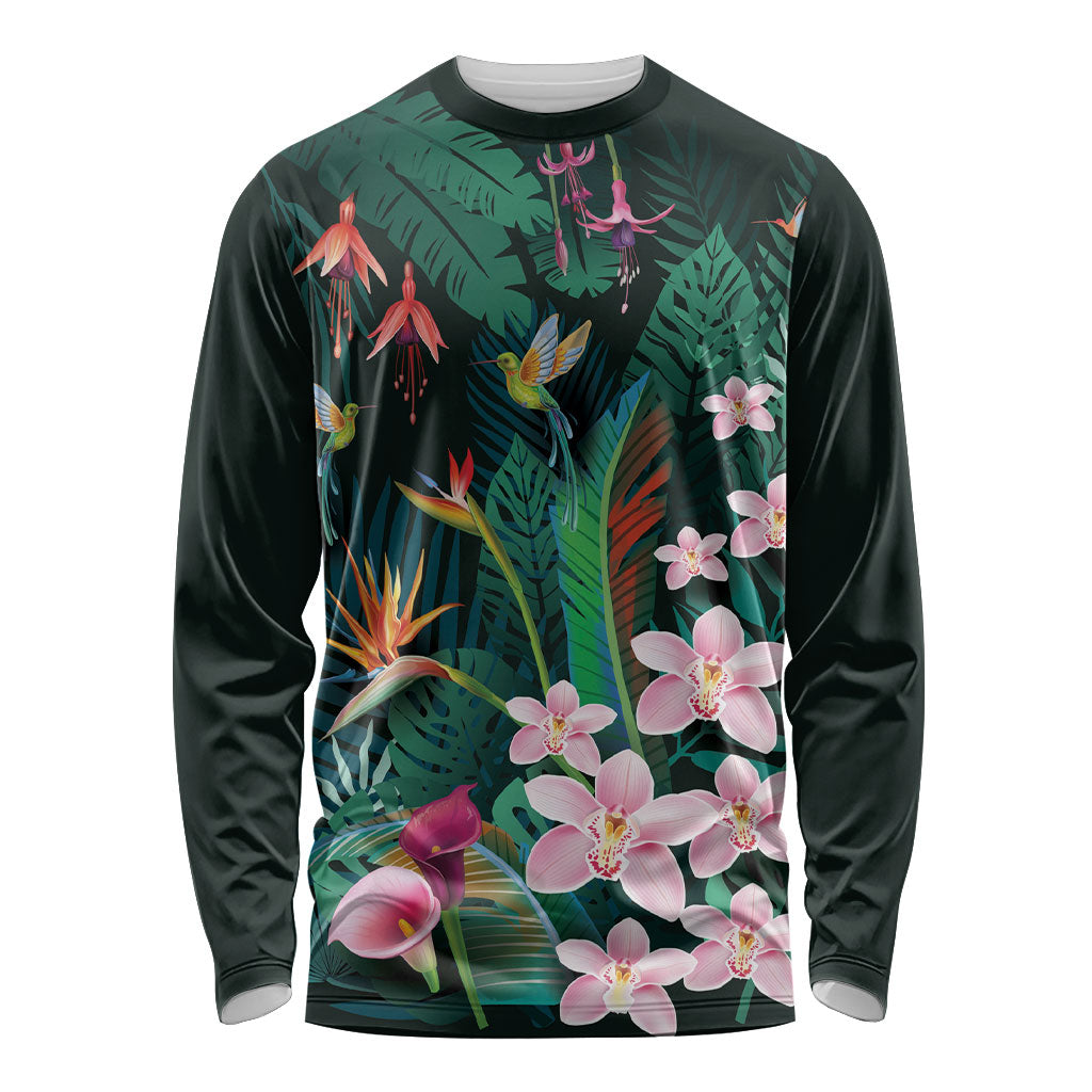 Hawaii Hummingbird Tropical Flowers Long Sleeve Shirt Dark Green