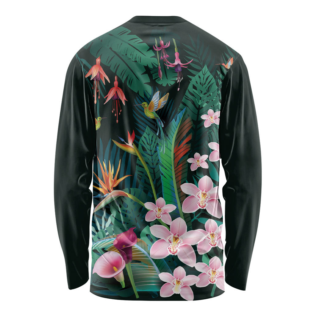 Hawaii Hummingbird Tropical Flowers Long Sleeve Shirt Dark Green