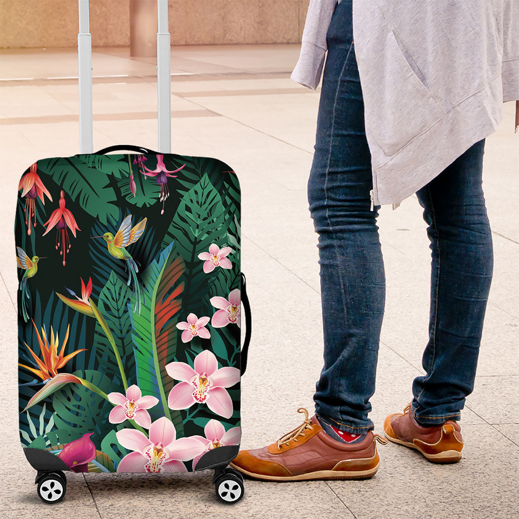 Hawaii Hummingbird Tropical Flowers Luggage Cover Dark Green