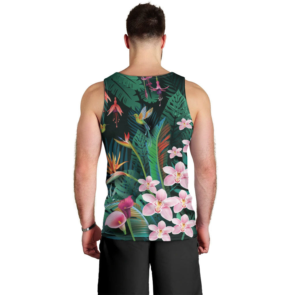 Hawaii Hummingbird Tropical Flowers Men Tank Top Dark Green