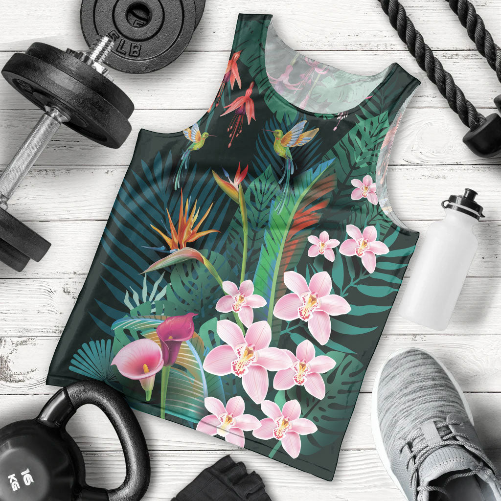 Hawaii Hummingbird Tropical Flowers Men Tank Top Dark Green