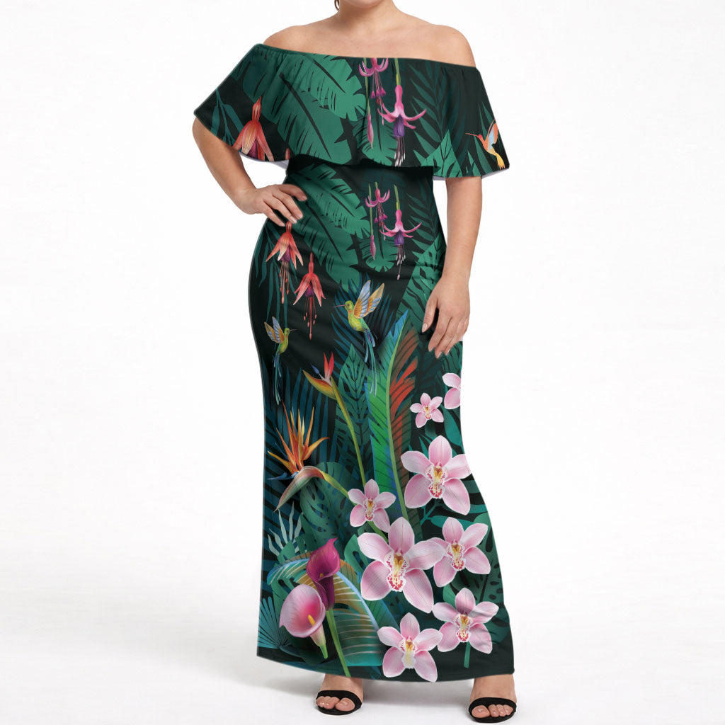 Hawaii Hummingbird Tropical Flowers Off Shoulder Maxi Dress Dark Green