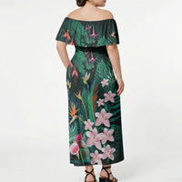 Hawaii Hummingbird Tropical Flowers Off Shoulder Maxi Dress Dark Green