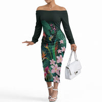 Hawaii Hummingbird Tropical Flowers Off The Shoulder Long Sleeve Dress Dark Green