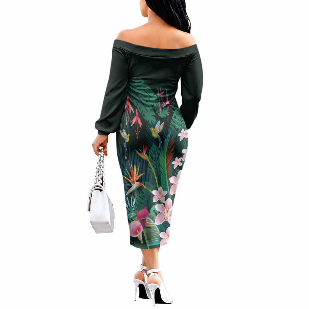 Hawaii Hummingbird Tropical Flowers Off The Shoulder Long Sleeve Dress Dark Green