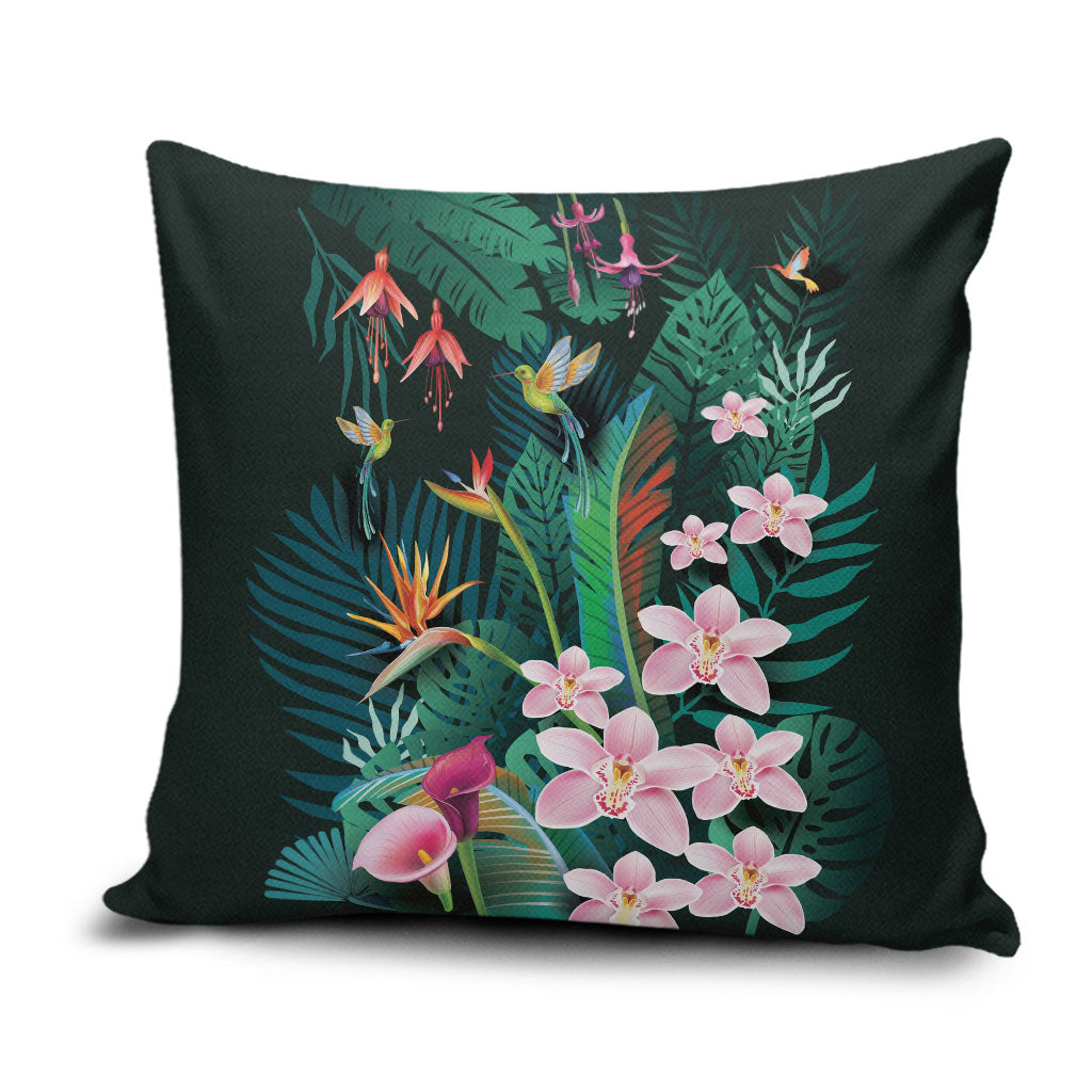 Hawaii Hummingbird Tropical Flowers Pillow Cover Dark Green