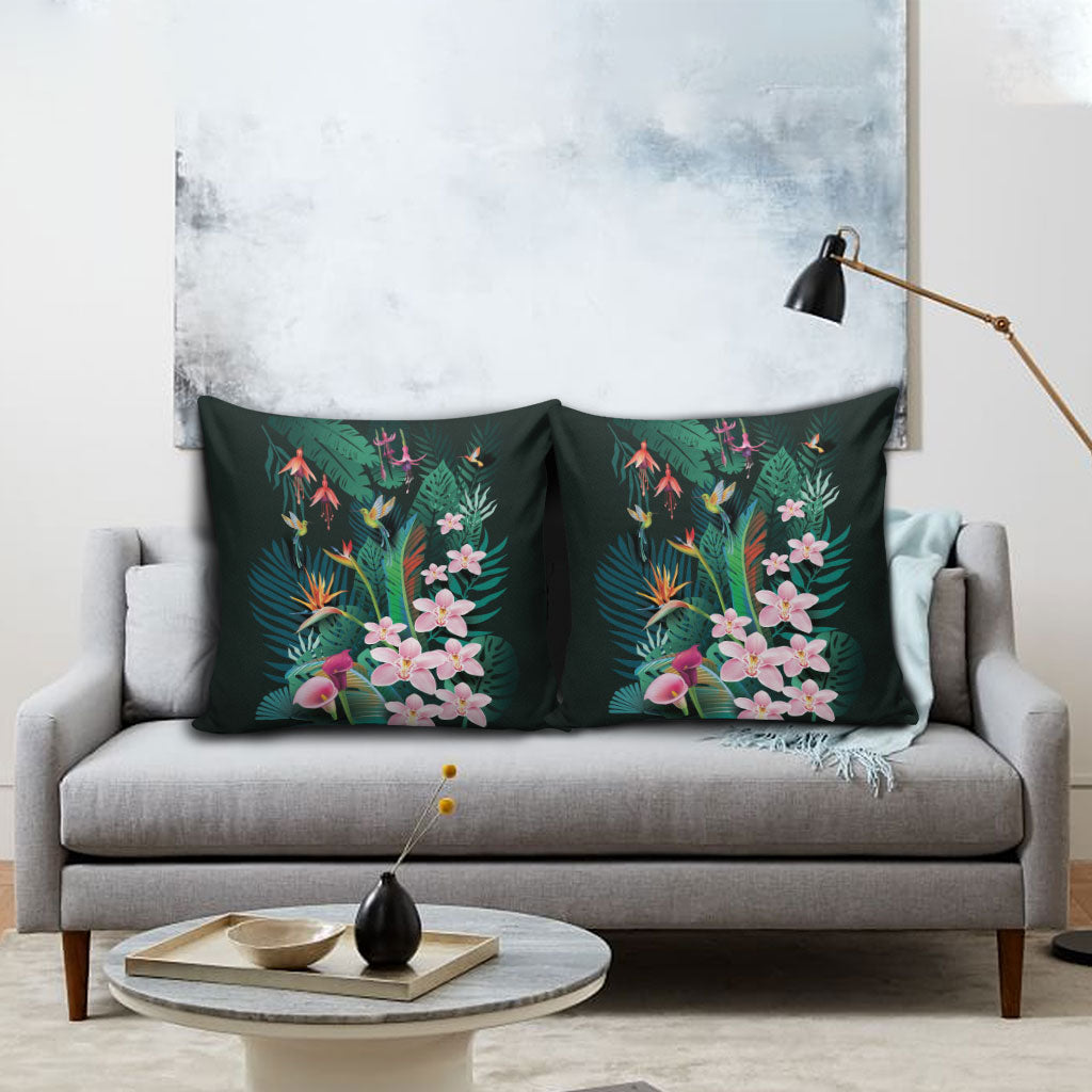 Hawaii Hummingbird Tropical Flowers Pillow Cover Dark Green