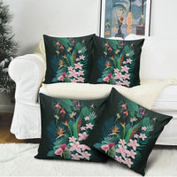 Hawaii Hummingbird Tropical Flowers Pillow Cover Dark Green