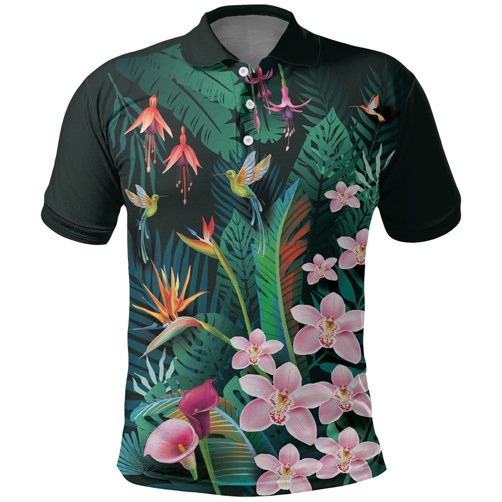 Hawaii Hummingbird Tropical Flowers Polo Shirt Dark Green