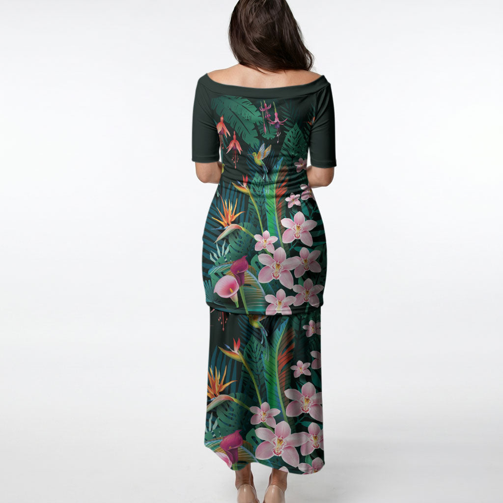 Hawaii Hummingbird Tropical Flowers Puletasi Dark Green