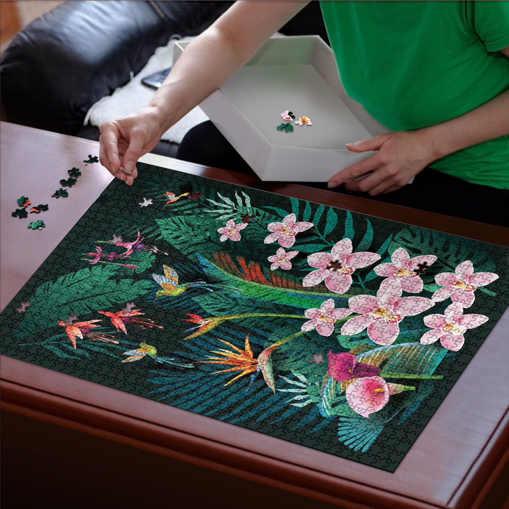 Hawaii Hummingbird Tropical Flowers Puzzle Dark Green