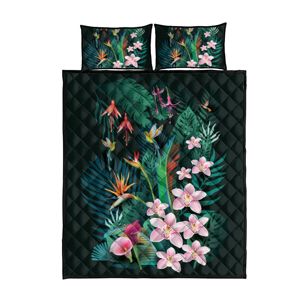 Hawaii Hummingbird Tropical Flowers Quilt Bed Set Dark Green