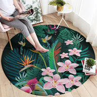 Hawaii Hummingbird Tropical Flowers Round Carpet Dark Green