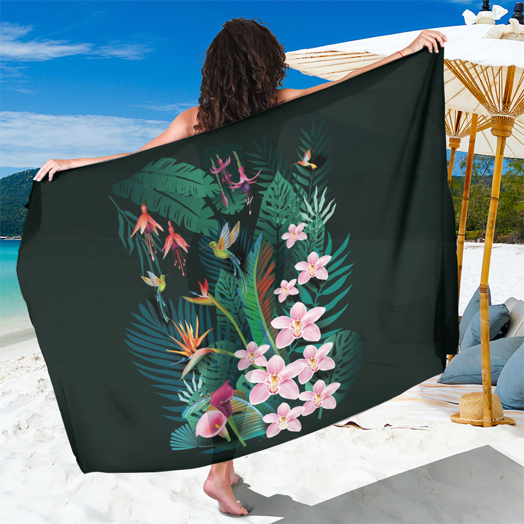 Hawaii Hummingbird Tropical Flowers Sarong Dark Green