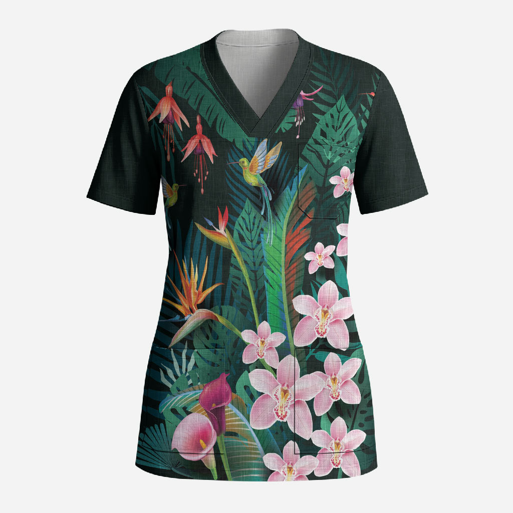 Hawaii Hummingbird Tropical Flowers Scrub Top Dark Green