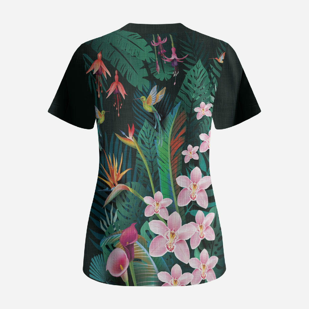 Hawaii Hummingbird Tropical Flowers Scrub Top Dark Green