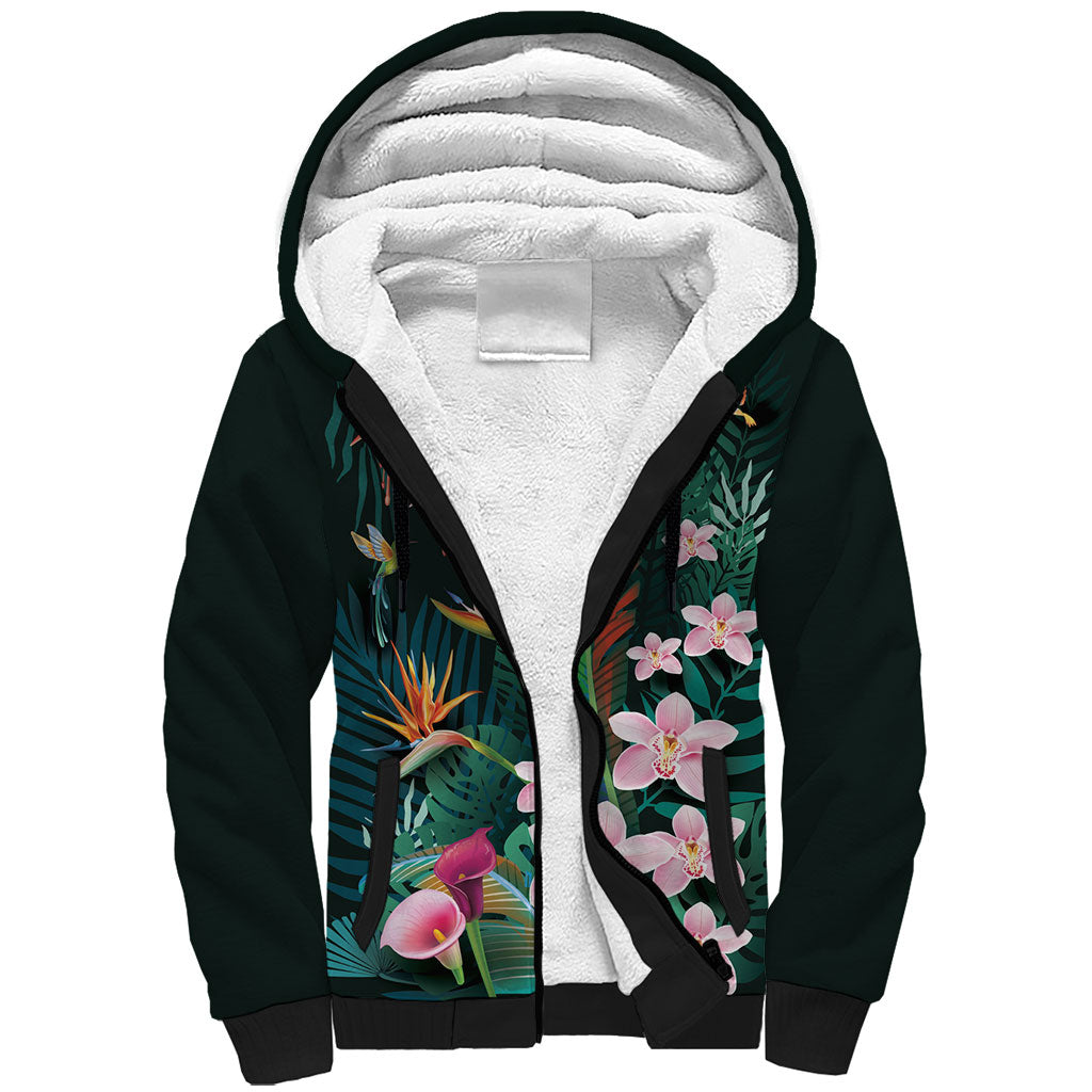 Hawaii Hummingbird Tropical Flowers Sherpa Hoodie Dark Green