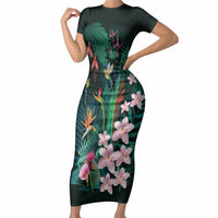 Hawaii Hummingbird Tropical Flowers Short Sleeve Bodycon Dress Dark Green