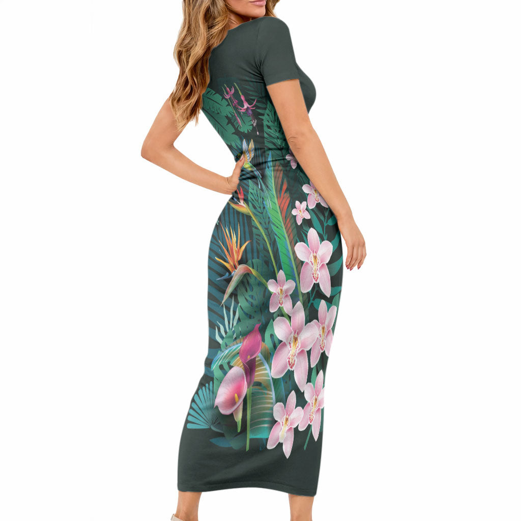 Hawaii Hummingbird Tropical Flowers Short Sleeve Bodycon Dress Dark Green