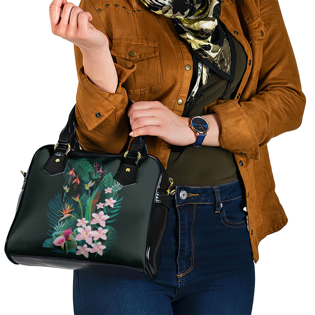 Hawaii Hummingbird Tropical Flowers Shoulder Handbag Dark Green