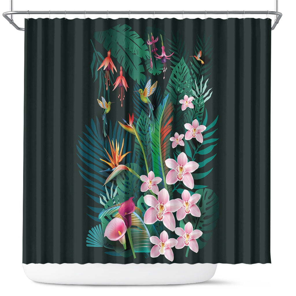 Hawaii Hummingbird Tropical Flowers Shower Curtain Dark Green