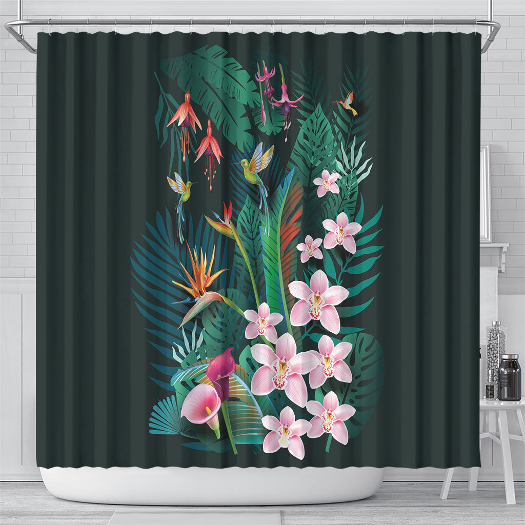 Hawaii Hummingbird Tropical Flowers Shower Curtain Dark Green