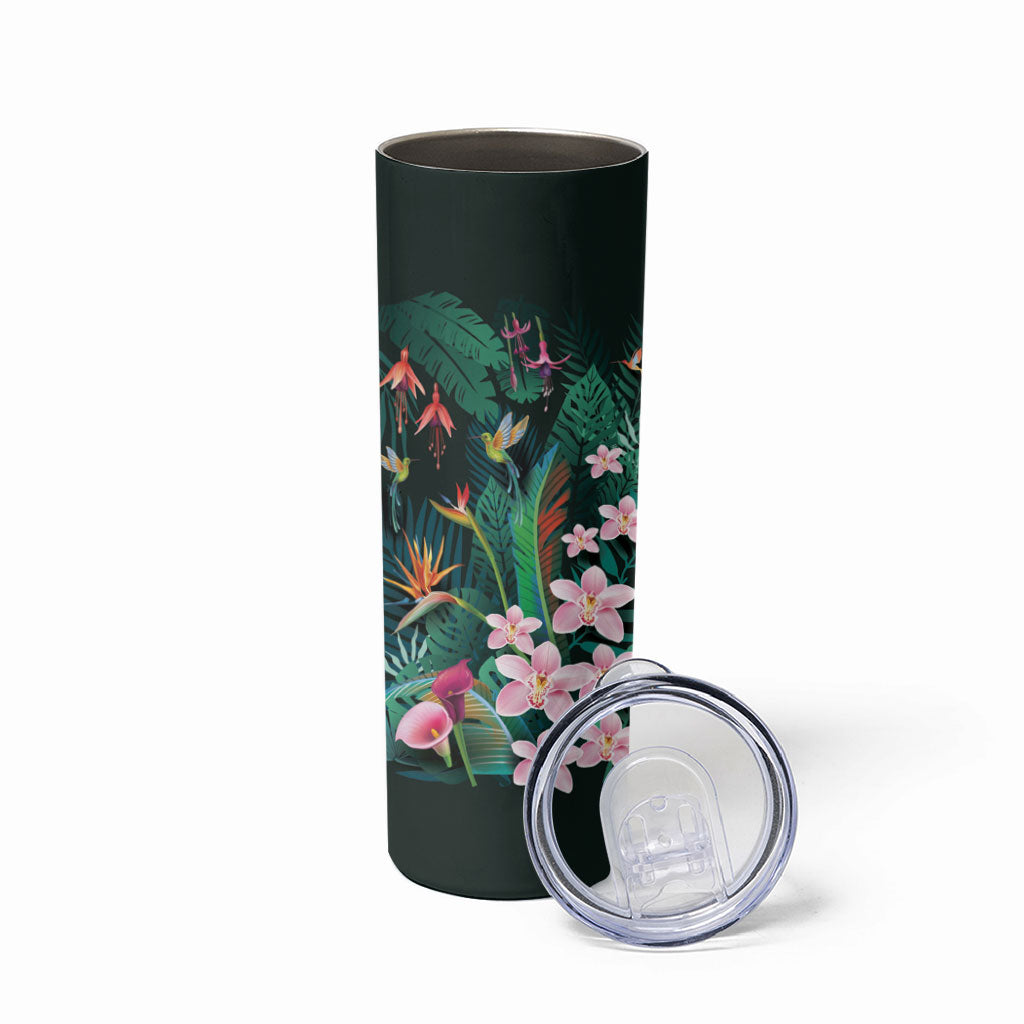 Hawaii Hummingbird Tropical Flowers Skinny Tumbler Dark Green