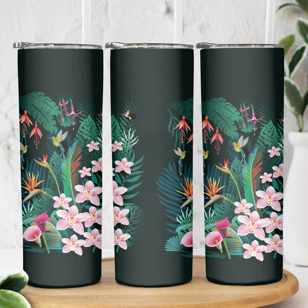 Hawaii Hummingbird Tropical Flowers Skinny Tumbler Dark Green