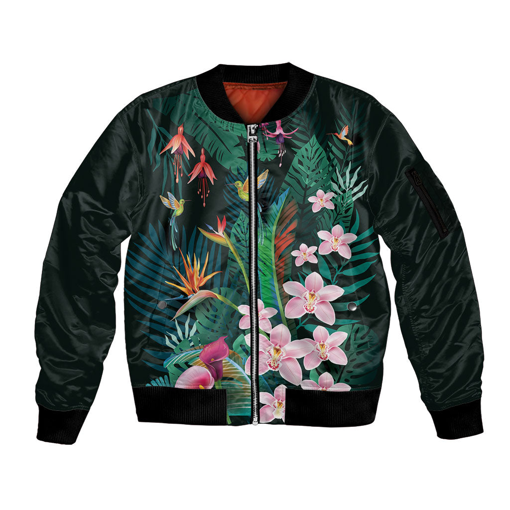 Hawaii Hummingbird Tropical Flowers Sleeve Zip Bomber Jacket Dark Green