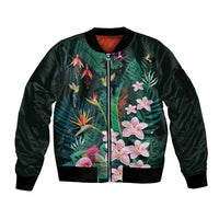 Hawaii Hummingbird Tropical Flowers Sleeve Zip Bomber Jacket Dark Green